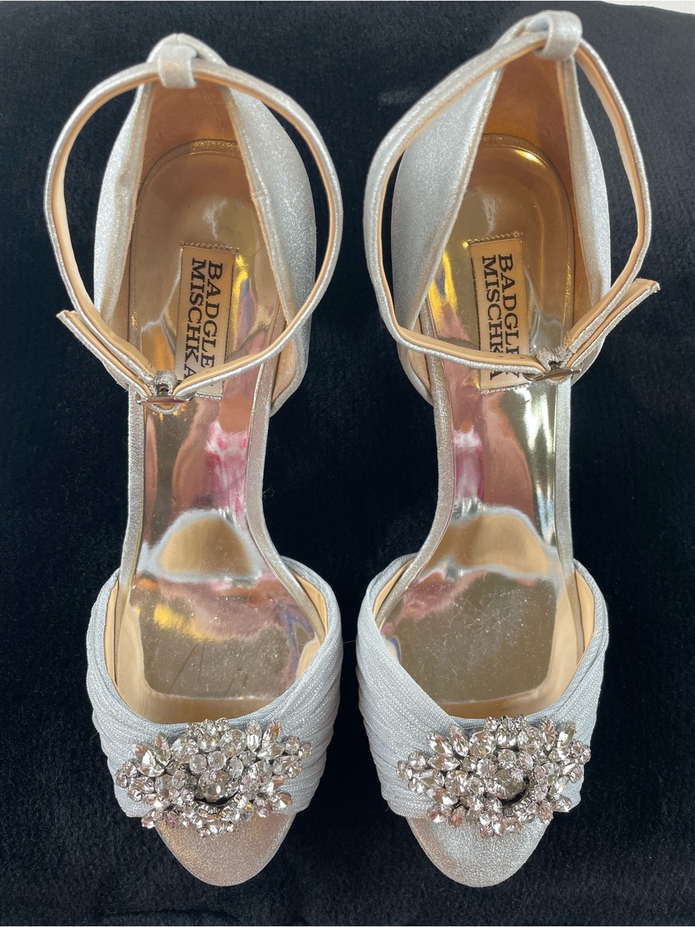 Badgley Mischka Silver Crystal Embellished Ankle-Strap Heels